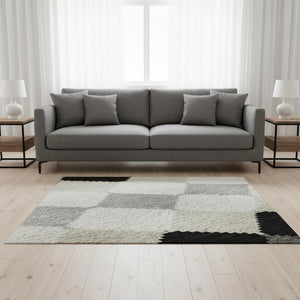 HomeRoots 5' X 8' Stylish Black, Gray & Ivory Geometric Area Rug - Washable, UV Protected & Stain-Resistant 679032