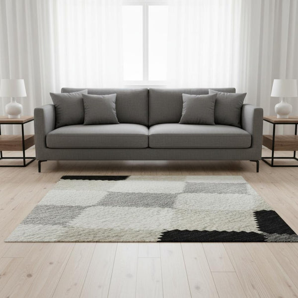 HomeRoots 5' X 8' Stylish Black, Gray & Ivory Geometric Area Rug - Washable, UV Protected & Stain-Resistant 679032