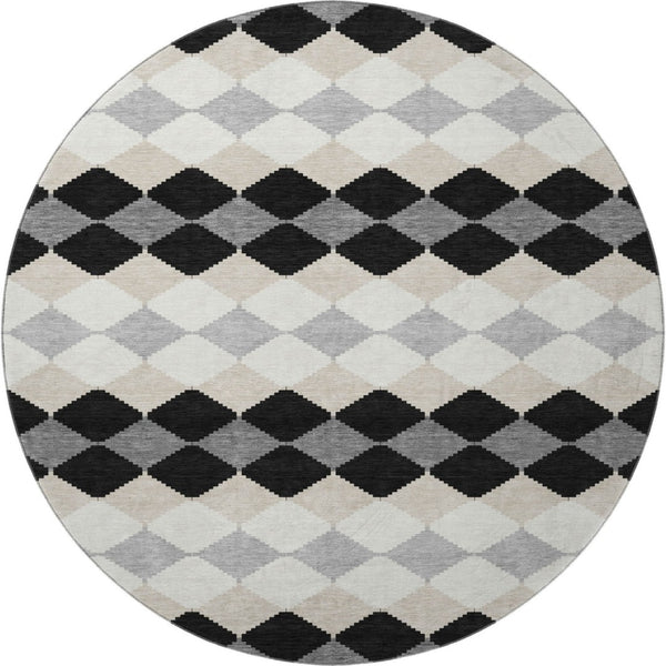 HomeRoots 8' Stylish Black, Gray & Ivory Geometric Washable Round Rug – Durable, UV-Protected & Easy Care! 679033