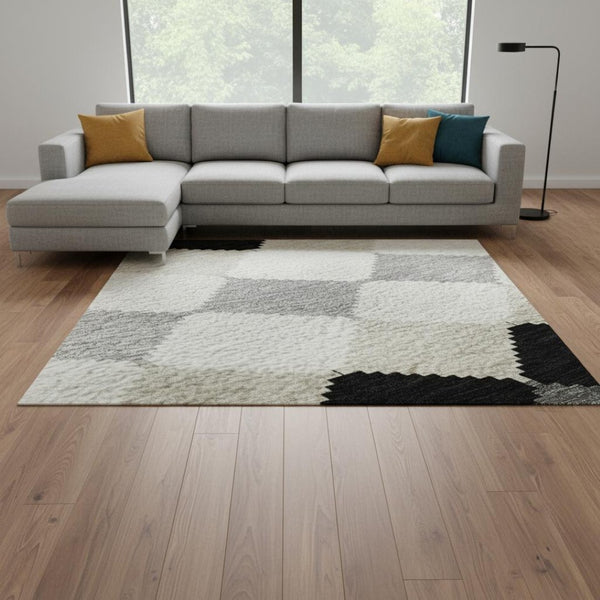 HomeRoots 8' X 10' Modern Black Gray Ivory Geometric Area Rug - Washable, UV-Protected, Stain-Resistant Design 679034