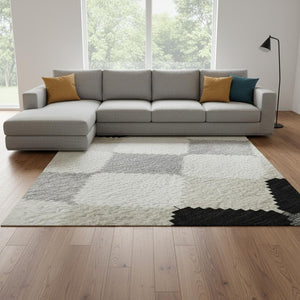 HomeRoots 9' X 12' Modern Black Gray Ivory Geometric Area Rug – Washable, Stain-Resistant & UV Protected! 679035