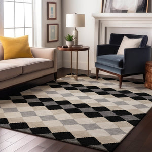 HomeRoots 9' X 12' Modern Black Gray Ivory Geometric Area Rug – Washable, Stain-Resistant & UV Protected! 679035