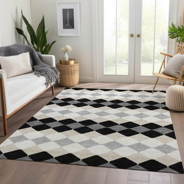 HomeRoots 9' X 12' Modern Black Gray Ivory Geometric Area Rug – Washable, Stain-Resistant & UV Protected! 679035