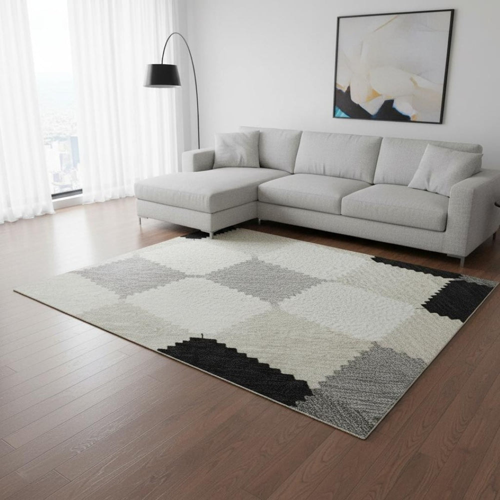 HomeRoots 10' X 14' Stylish Black Gray Ivory Geometric Washable Area Rug with UV Protection for Homes 679036