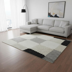 HomeRoots 10' X 14' Stylish Black Gray Ivory Geometric Washable Area Rug with UV Protection for Homes 679036