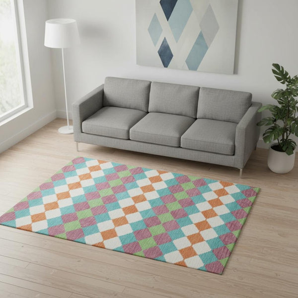 HomeRoots 5' X 8' Stylish Blush Green & Teal Geometric Washable Area Rug with UV Protection for Home Decor 679038
