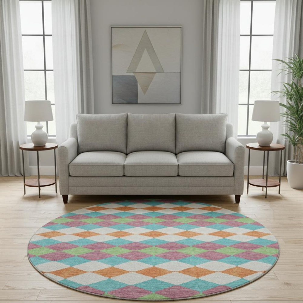 HomeRoots 8' Stylish Blush Green & Teal Geometric Round Rug - Washable, UV Protected, Stain Resistant Design 679039