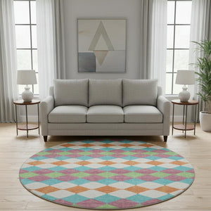 HomeRoots 8' Stylish Blush Green & Teal Geometric Round Rug - Washable, UV Protected, Stain Resistant Design 679039