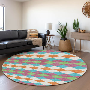 HomeRoots 8' Stylish Blush Green & Teal Geometric Round Rug - Washable, UV Protected, Stain Resistant Design 679039