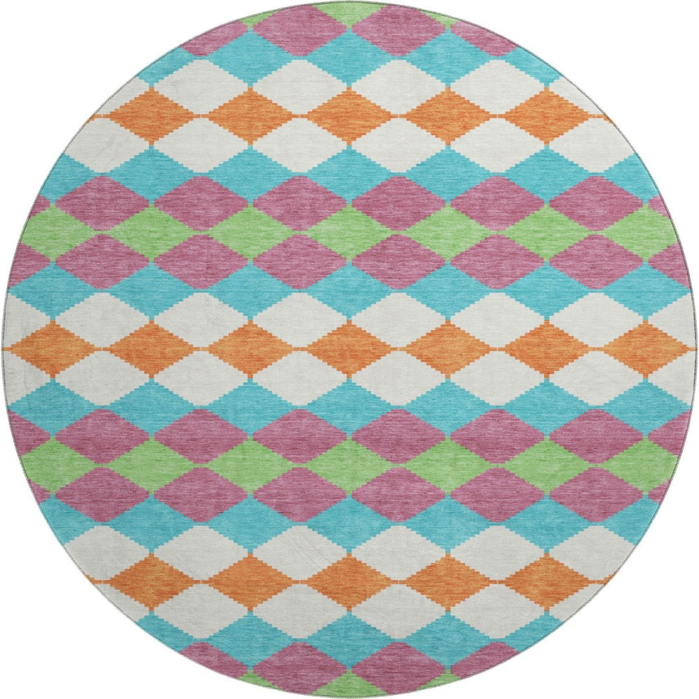 HomeRoots 8' Stylish Blush Green & Teal Geometric Round Rug - Washable, UV Protected, Stain Resistant Design 679039
