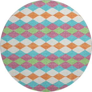 HomeRoots 8' Stylish Blush Green & Teal Geometric Round Rug - Washable, UV Protected, Stain Resistant Design 679039