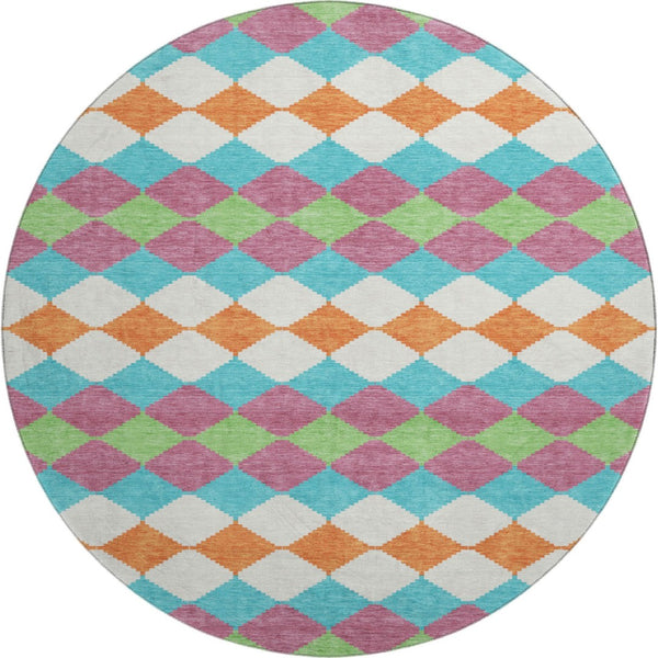 HomeRoots 8' Stylish Blush Green & Teal Geometric Round Rug - Washable, UV Protected, Stain Resistant Design 679039