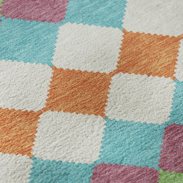 HomeRoots 8' Stylish Blush Green & Teal Geometric Round Rug - Washable, UV Protected, Stain Resistant Design 679039