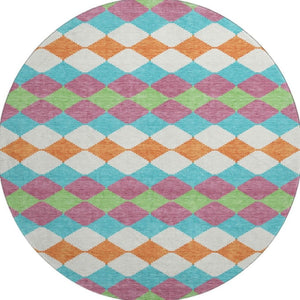 HomeRoots 8' Stylish Blush Green & Teal Geometric Round Rug - Washable, UV Protected, Stain Resistant Design 679039