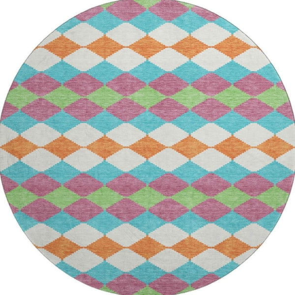 HomeRoots 8' Stylish Blush Green & Teal Geometric Round Rug - Washable, UV Protected, Stain Resistant Design 679039