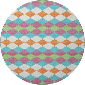 HomeRoots 8' Stylish Blush Green & Teal Geometric Round Rug - Washable, UV Protected, Stain Resistant Design 679039