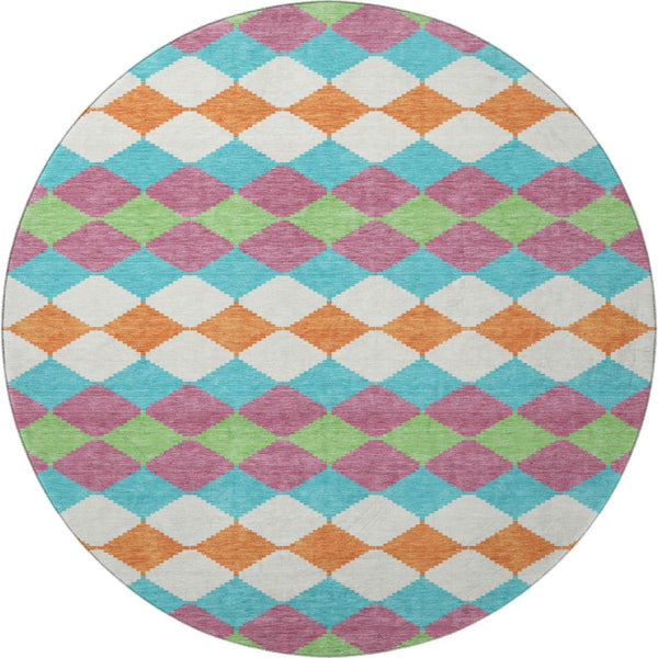 HomeRoots 8' Stylish Blush Green & Teal Geometric Round Rug - Washable, UV Protected, Stain Resistant Design 679039