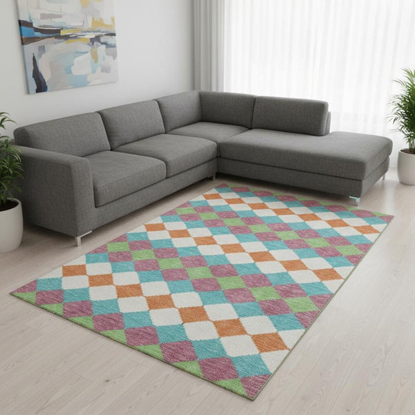 HomeRoots 9' X 12' Blush Green & Teal Geometric Area Rug - Washable, UV Protected, Ideal for High Traffic Homes 679041
