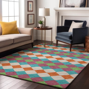 HomeRoots 9' X 12' Blush Green & Teal Geometric Area Rug - Washable, UV Protected, Ideal for High Traffic Homes 679041