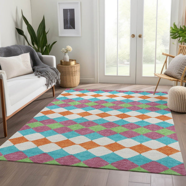 HomeRoots 9' X 12' Blush Green & Teal Geometric Area Rug - Washable, UV Protected, Ideal for High Traffic Homes 679041