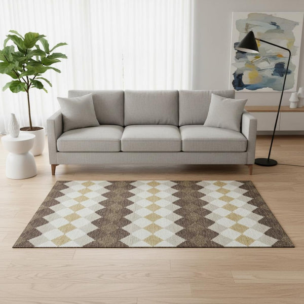 HomeRoots 5' X 8' Brown Beige Gold Geometric Area Rug - Stylish, Durable, UV-Protected, and Easy to Clean! 679044