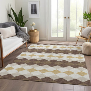 HomeRoots 5' X 8' Brown Beige Gold Geometric Area Rug - Stylish, Durable, UV-Protected, and Easy to Clean! 679044