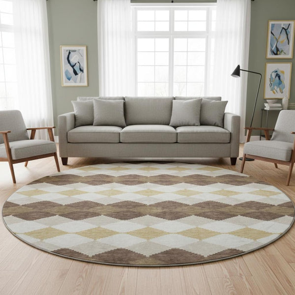 HomeRoots 8' Washable Round Rug in Brown, Beige & Gold – Durable Geometric Design with UV Protection for All Spaces 679045