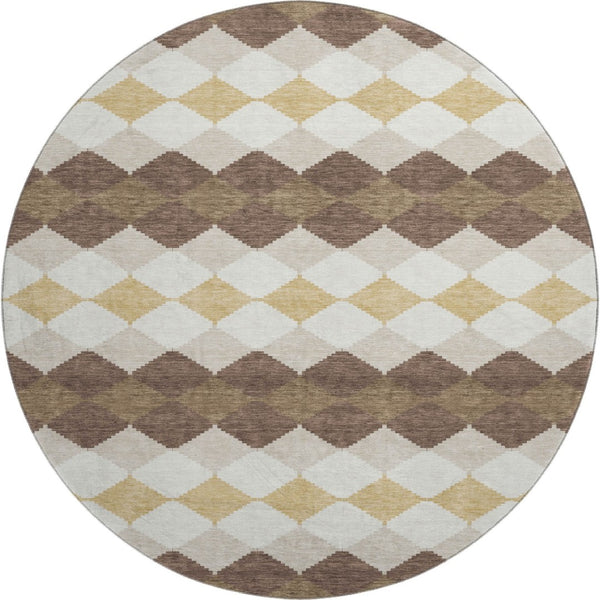 HomeRoots 8' Washable Round Rug in Brown, Beige & Gold – Durable Geometric Design with UV Protection for All Spaces 679045