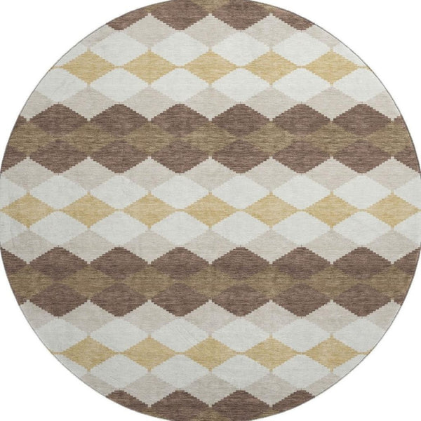 HomeRoots 8' Washable Round Rug in Brown, Beige & Gold – Durable Geometric Design with UV Protection for All Spaces 679045
