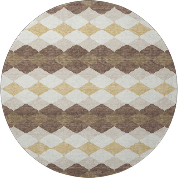 HomeRoots 8' Washable Round Rug in Brown, Beige & Gold – Durable Geometric Design with UV Protection for All Spaces 679045