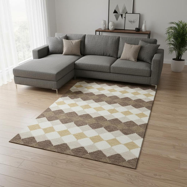HomeRoots 8' X 10' Stylish Brown, Beige & Gold Geometric Washable Area Rug – Durable, UV-Protected & Family-Friendly 679046