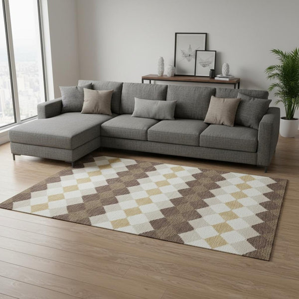 HomeRoots 9' X 12' Modern Brown Beige Gold Geometric Washable Area Rug with UV Protection for All Homes 679047