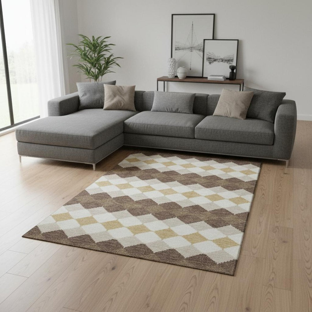 HomeRoots 10' Modern Geometric Washable Area Rug in Brown, Beige & Gold – UV Protected for Busy Homes! 679048