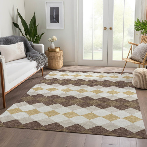 HomeRoots 10' Modern Geometric Washable Area Rug in Brown, Beige & Gold – UV Protected for Busy Homes! 679048