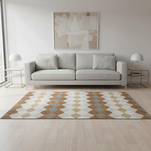 HomeRoots 5' X 8' Copper Beige and Ivory Geometric Area Rug - Washable, UV Protected, Stylish for Any Space 679050