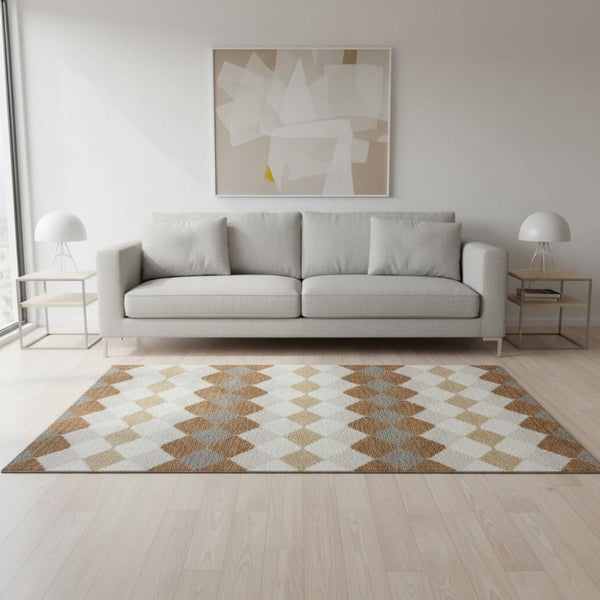 HomeRoots 5' X 8' Copper Beige and Ivory Geometric Area Rug - Washable, UV Protected, Stylish for Any Space 679050
