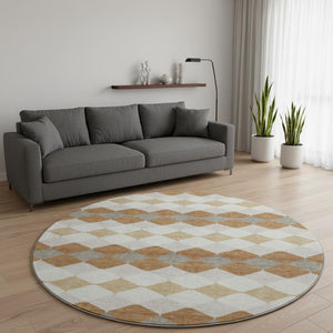 HomeRoots 8' Geometric Washable Round Rug in Copper, Beige & Ivory - UV Protected, Durable & Stylish Addition! 679051