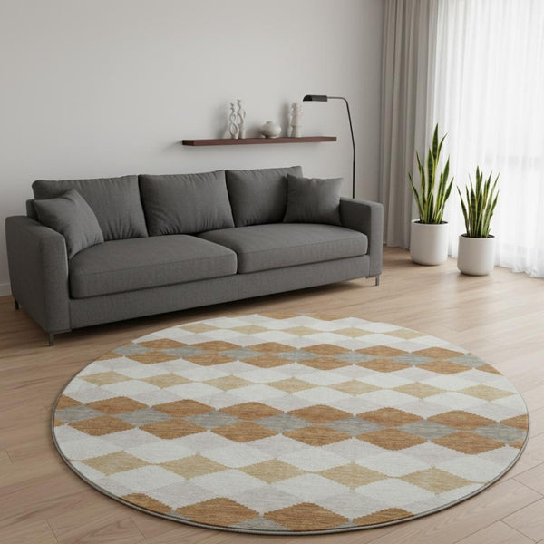 HomeRoots 8' Geometric Washable Round Rug in Copper, Beige & Ivory - UV Protected, Durable & Stylish Addition! 679051