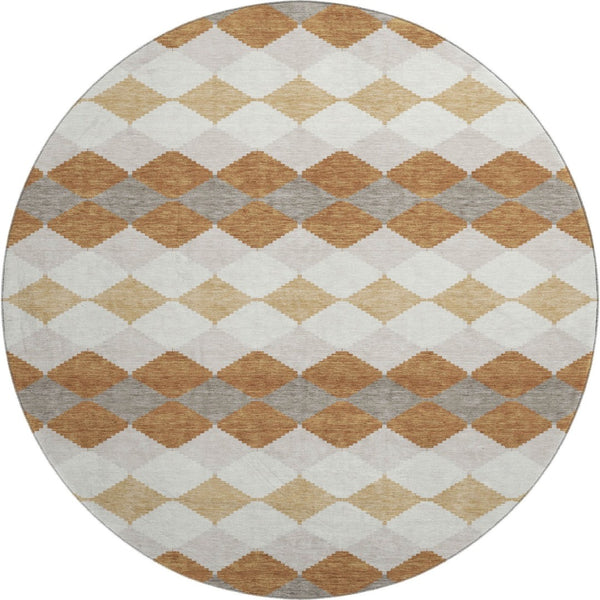 HomeRoots 8' Geometric Washable Round Rug in Copper, Beige & Ivory - UV Protected, Durable & Stylish Addition! 679051