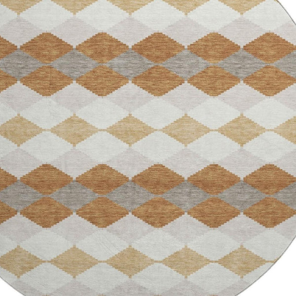 HomeRoots 8' Geometric Washable Round Rug in Copper, Beige & Ivory - UV Protected, Durable & Stylish Addition! 679051