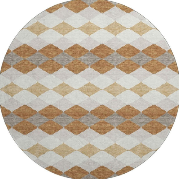 HomeRoots 8' Geometric Washable Round Rug in Copper, Beige & Ivory - UV Protected, Durable & Stylish Addition! 679051