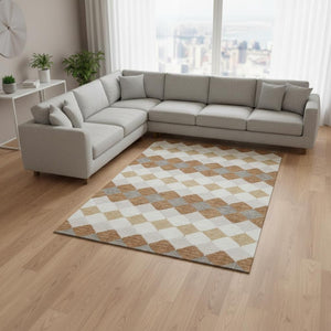 HomeRoots 9' X 12' Copper Beige & Ivory Geometric Area Rug - Washable, Durable, UV Protected for Homes 679053