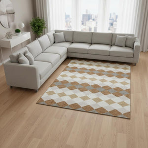 HomeRoots 10' Copper Beige & Ivory Geometric Area Rug - Washable, UV Protected, Perfect for Modern Homes! 679054