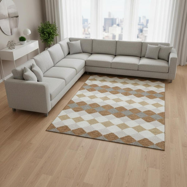 HomeRoots 10' Copper Beige & Ivory Geometric Area Rug - Washable, UV Protected, Perfect for Modern Homes! 679054