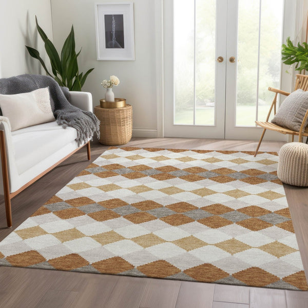 HomeRoots 10' Copper Beige & Ivory Geometric Area Rug - Washable, UV Protected, Perfect for Modern Homes! 679054