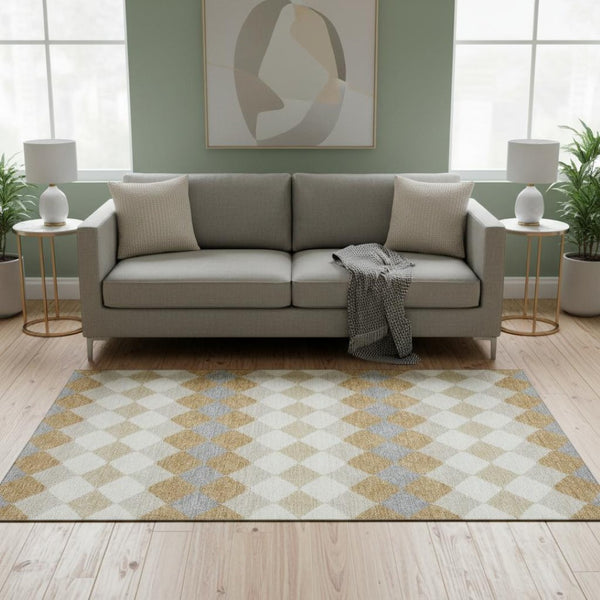 HomeRoots 5' X 8' Geometric Area Rug in Gold, Gray & Ivory – Washable, UV-Protected, Stain-Resistant Design 679056