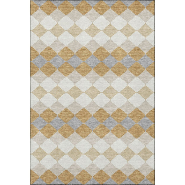 HomeRoots 5' X 8' Geometric Area Rug in Gold, Gray & Ivory – Washable, UV-Protected, Stain-Resistant Design 679056