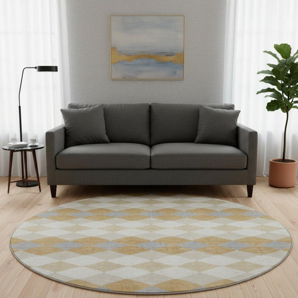 HomeRoots 8' Modern Gold Gray Ivory Geometric Round Rug - Washable, UV-Protected, Kid & Pet Friendly Design 679057