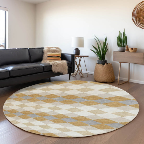 HomeRoots 8' Modern Gold Gray Ivory Geometric Round Rug - Washable, UV-Protected, Kid & Pet Friendly Design 679057