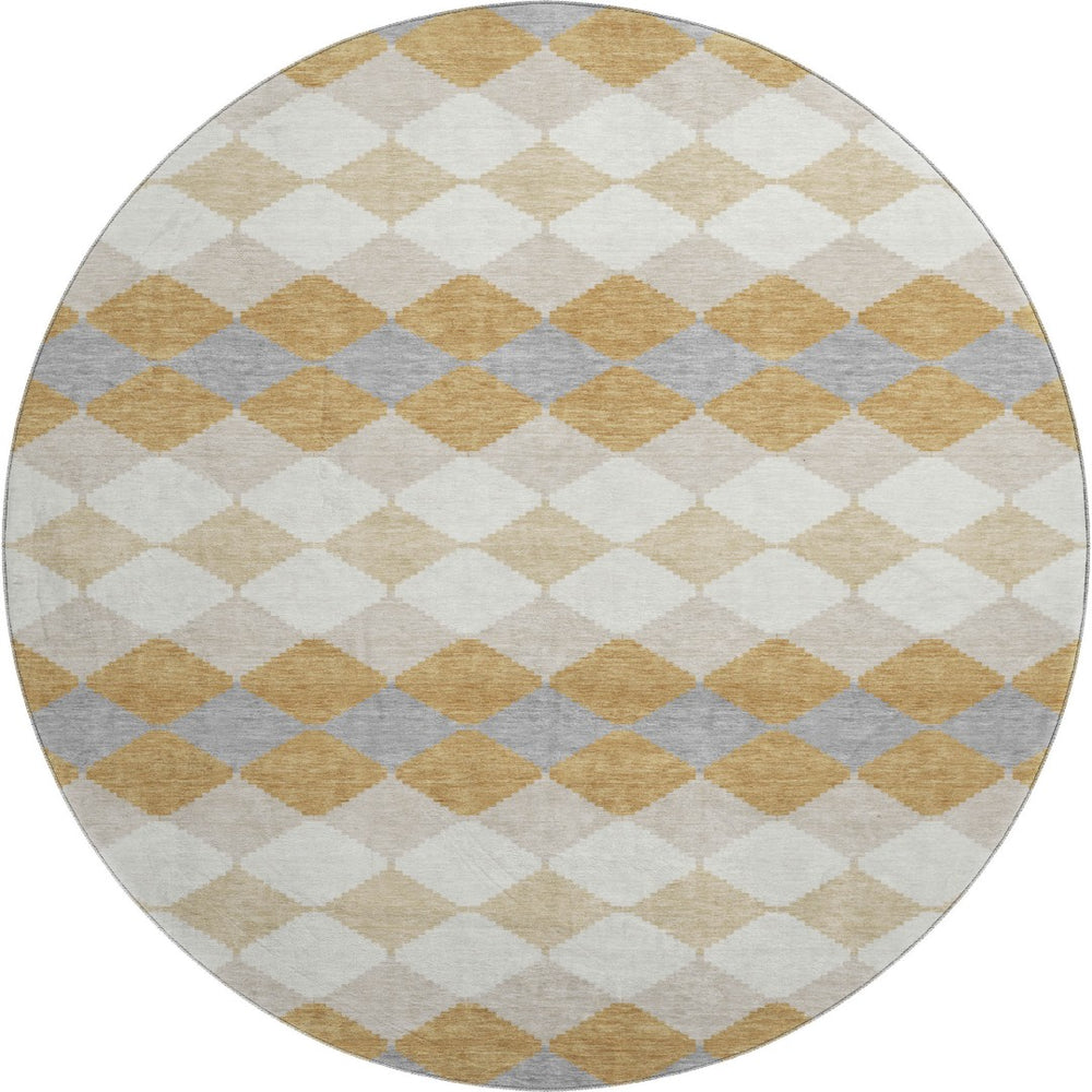 HomeRoots 8' Modern Gold Gray Ivory Geometric Round Rug - Washable, UV-Protected, Kid & Pet Friendly Design 679057